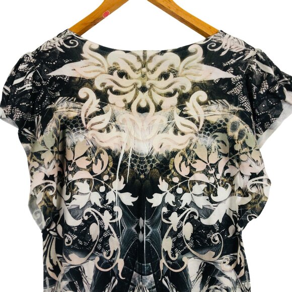 One World Womens Flutter Sleeve Top Sz Large Floral Pattern Embellished - Picture 8 of 11